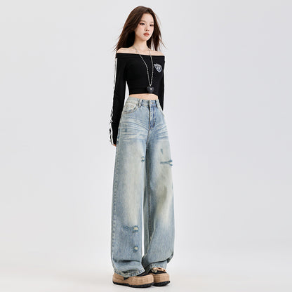 Washed Distressed Floor-Length Wide Straight Leg Pants for Women | MuddyStock Originals Retro#Extended MuddyStock