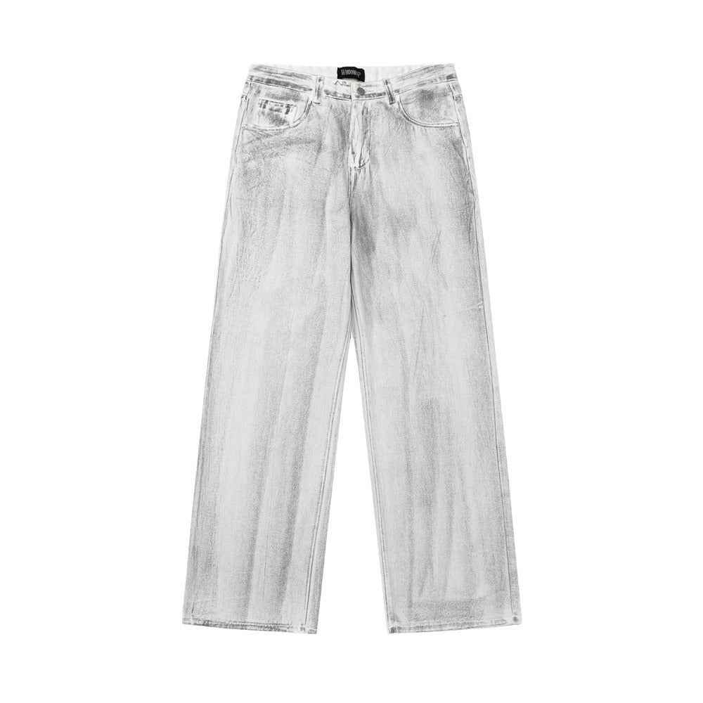 Retro Washed Distressed Draping Jeans For Men And Women White MuddyStock