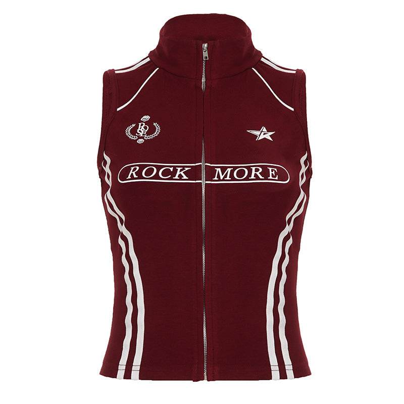 Retro letter printed zipper sleeveless T-shirt For Women | MuddyStock Originals Red MuddyStock