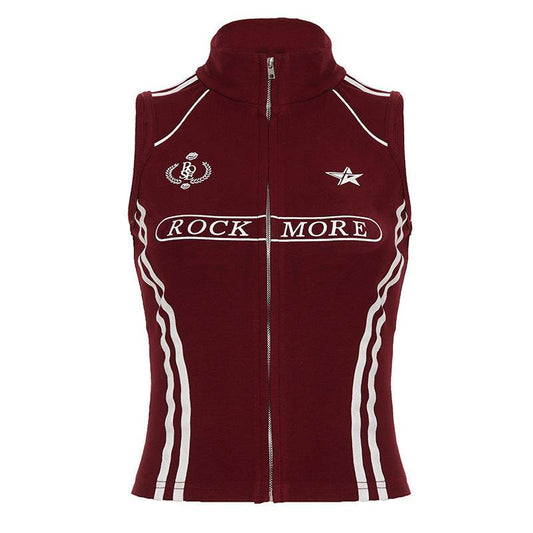 Retro letter printed zipper sleeveless T-shirt For Women | MuddyStock Originals Red MuddyStock