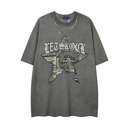 Retro Short-sleeved T-shirt With Necklace For Men and Women Gray MuddyStock