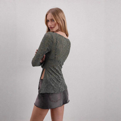 Round-neck Simple Lace Long-sleeve Top For Women