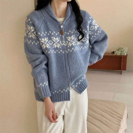 Retro Contrast Color Jacquard Weave Zip Sweater Women's Coat MuddyStock