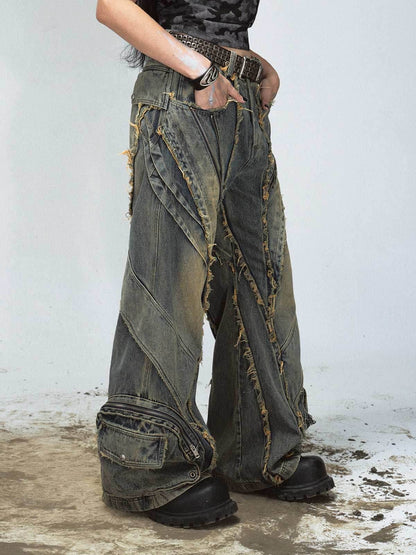 Heavy Industry Destroyed Raw Edge Stitching Jeans Retro Wide Leg Trousers MuddyStock