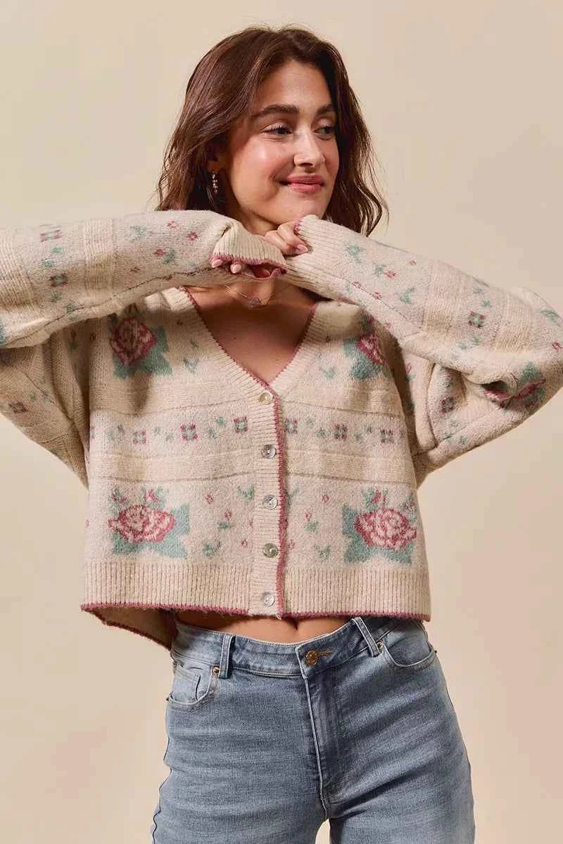 Floral Pattern Long Sleeve Button Sweater Cardigan For Women Trendsi