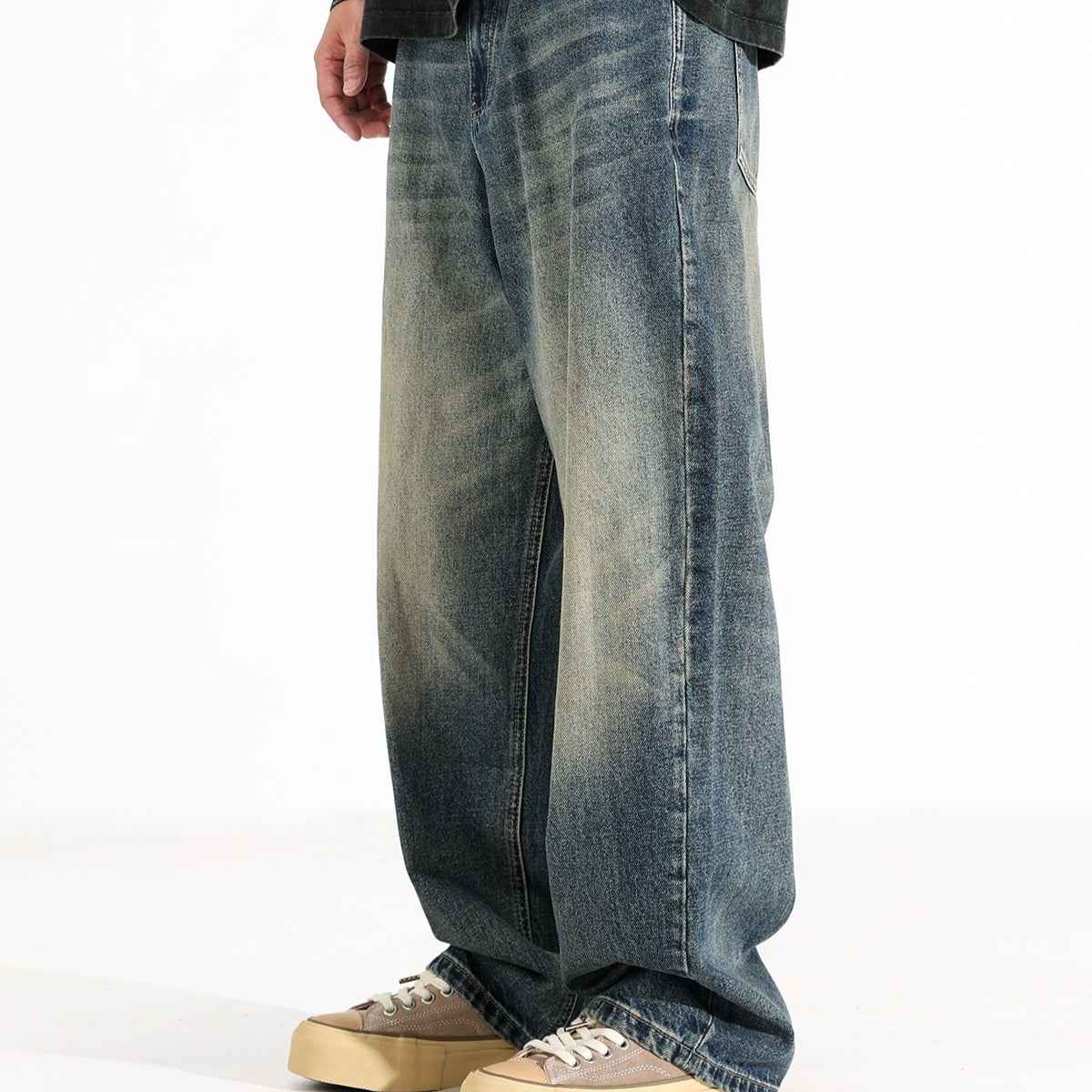 American Retro Hanging Loose Wide Leg Jeans For Men Retro Blue with Velvet 38 MuddyStock