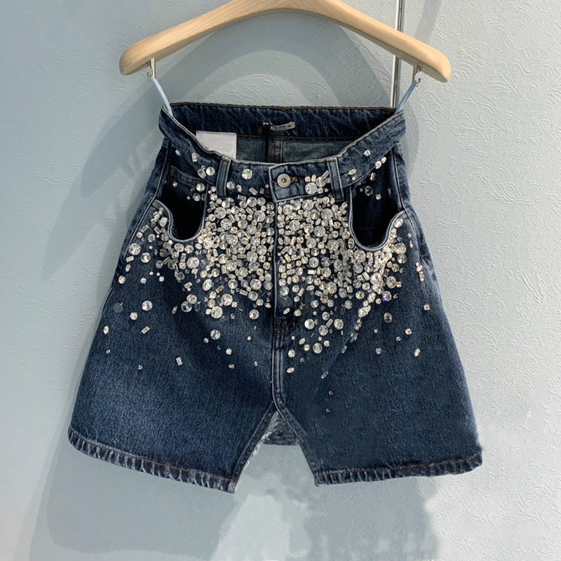 Beaded and diamond front split denim skirt for women Blue All Products