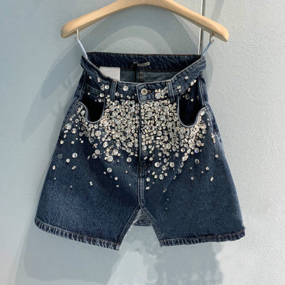 Beaded and diamond front split denim skirt for women Blue All Products