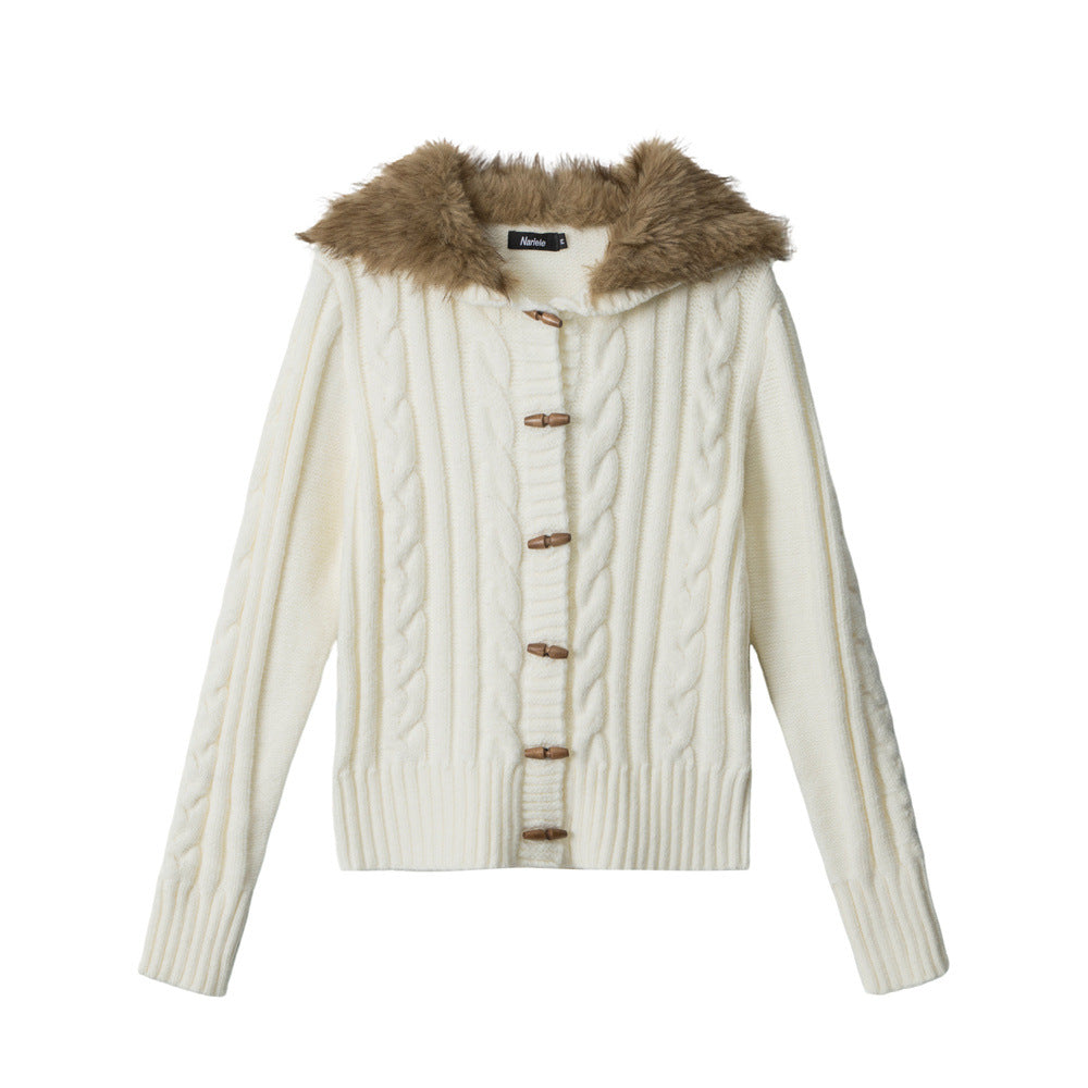 Fitted Slimming Stylish Knit Jacket with Fur Collar For Women | MuddyStock Originals Ivory White
