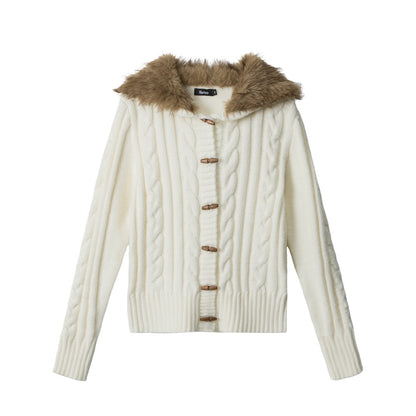 Fitted Slimming Stylish Knit Jacket with Fur Collar For Women | MuddyStock Originals Ivory White