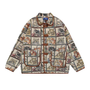 Animal Cat Plaid Lapel Coat For Women Khaki
