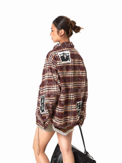 Retro Illustration Plaid Patch Jacket For Women MuddyStock