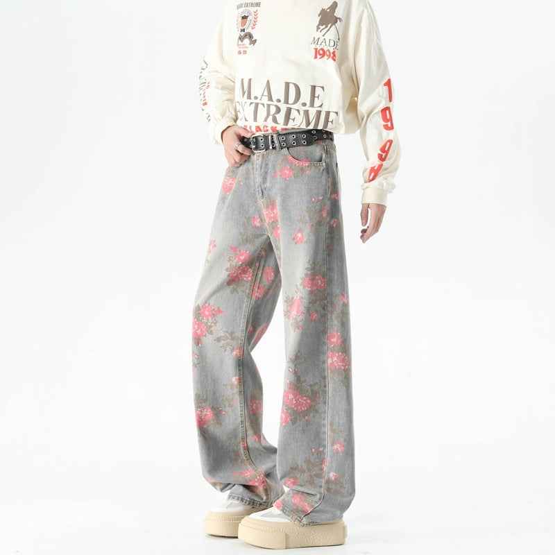 Men's Peony Jacquard Washed Loose Jeans MuddyStock