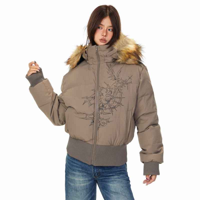 Detachable Fur Collar Printed Hoodie For Women Coffee Color MuddyStock