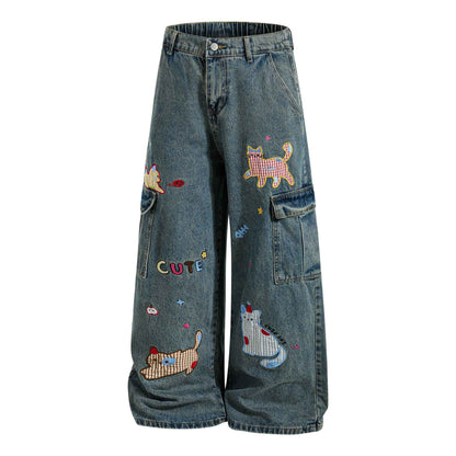 Cartoon cat washed straight leg jeans for women | MuddyStock Originals