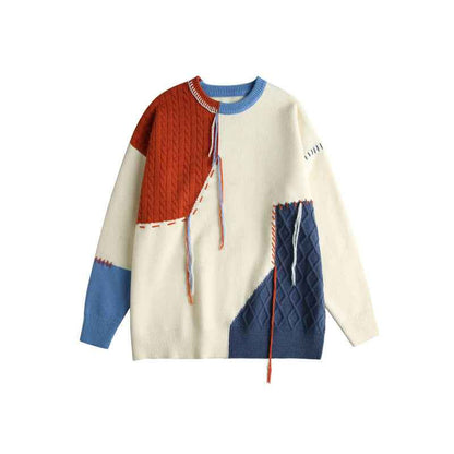 Color blocking patchwork tassel round neck knitted sweater for men and women | MuddyStock Originals Red Blue MuddyStock