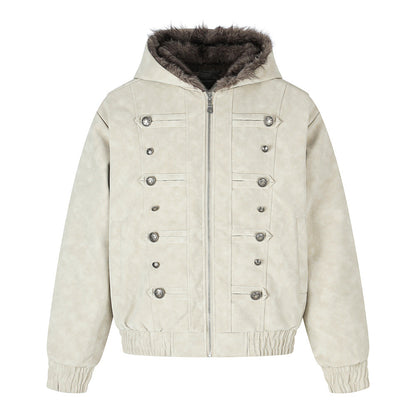 Men's Winter PU Leather Faux Mink Fur Double-Breasted Hooded Thickened Jacket Milk White
