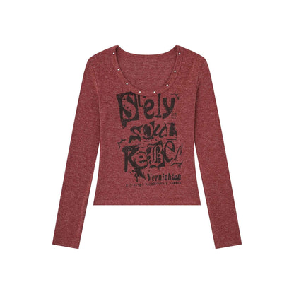 Letter U-Neck Long Sleeve Women's Stud Decorated Slim Fit Crop Top | MuddyStock Originals Red