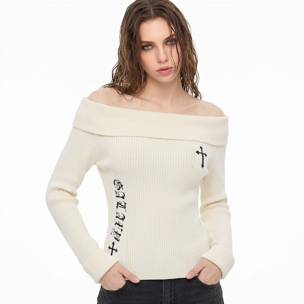 Women's Jacquard Long Sleeve Off-Shoulder Slim Fit Knit Top | MuddyStock Originals