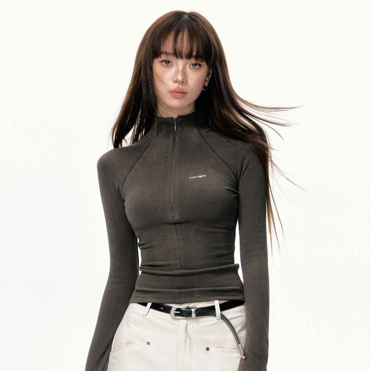 American Fashion Bottoming Zip Up Top For Women Dark Gray MuddyStock