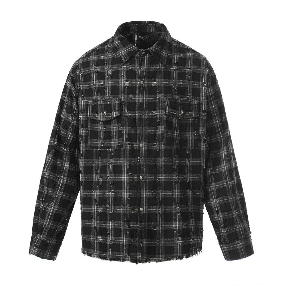 Destructed checkered long sleeved shirt for men | MuddyStock Originals Black eprolo
