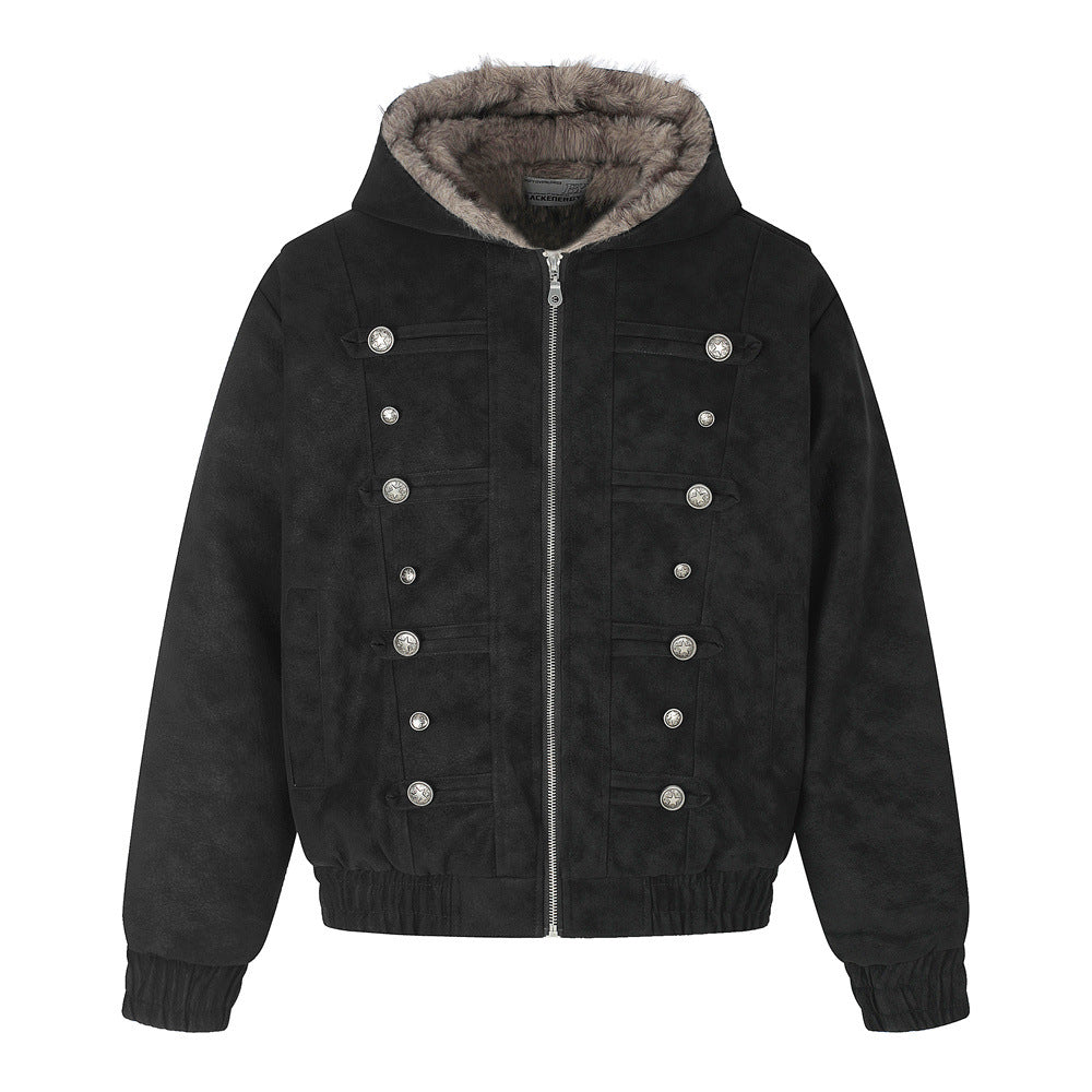 Men's Winter PU Leather Faux Mink Fur Double-Breasted Hooded Thickened Jacket Black