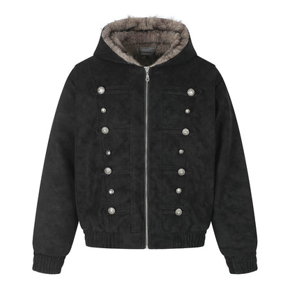 Men's Winter PU Leather Faux Mink Fur Double-Breasted Hooded Thickened Jacket Black