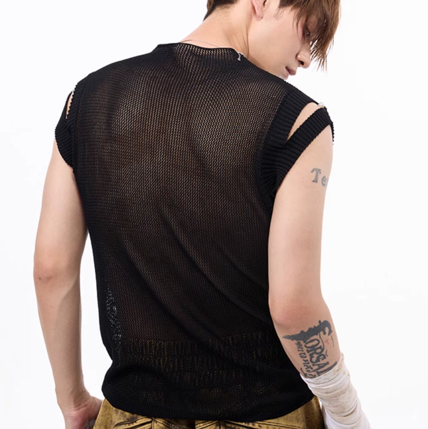 Dark Hollow-out Sleeveless T-shirt For Men