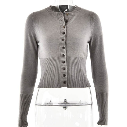Women's Knitted Long Sleeve Slim Round Neck Top Light Gray MuddyStock