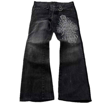 Dark Style Cross Print Washed Flared Jeans For Women | MuddyStock Originals