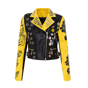 Graffiti Print Motorcycle Leather Jacket For Women Yellow