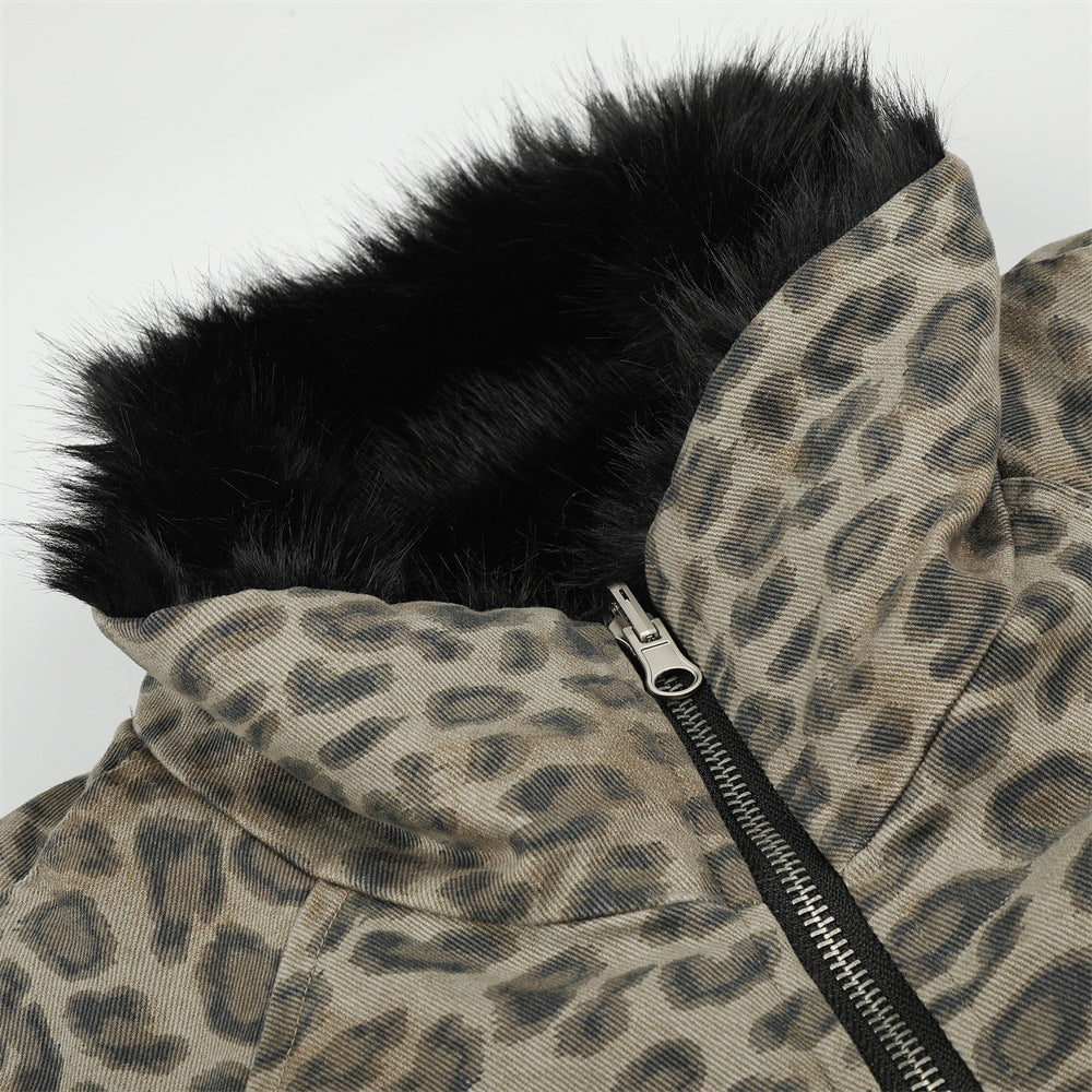 Punk Street Style Reversible Faux Fur Stand Collar Loose Fit Men's Leopard Print Winter Cotton Coat