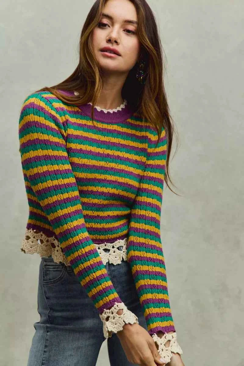 Mardi Gras Striped Cropped Knit Top with Crochet Edge For Women Trendsi