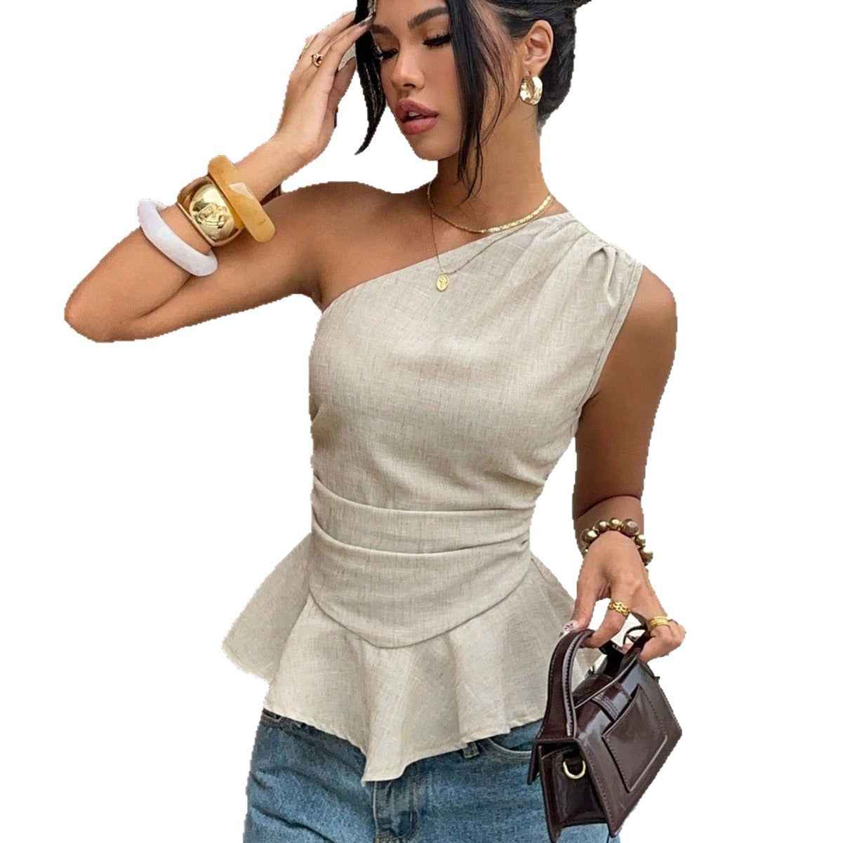 One-Shoulder Pleated Sleeveless Top For Women