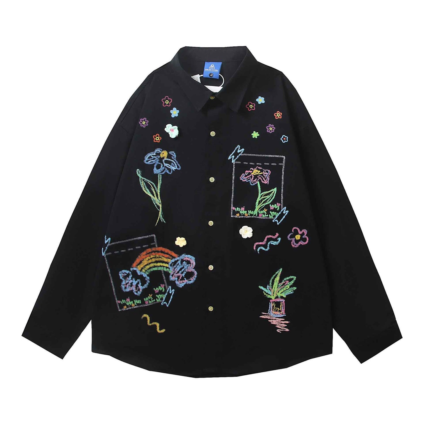 Retro Long Sleeve Graffiti Print Three-Dimensional Small Flower Long Sleeve Shirt For Women | MuddyStock Originals Black MuddyStock