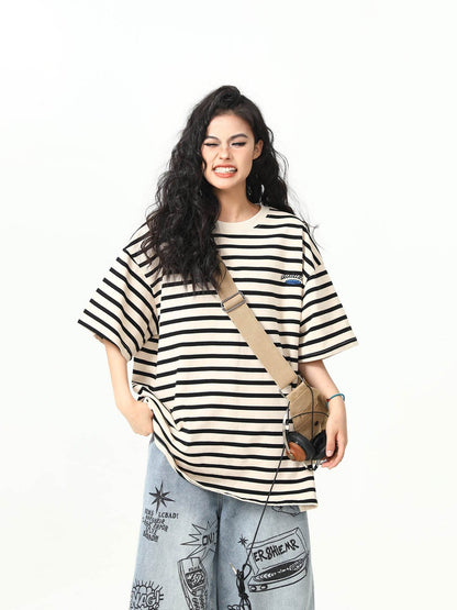 Retro Striped Short-sleeved T-shirt For Women MuddyStock