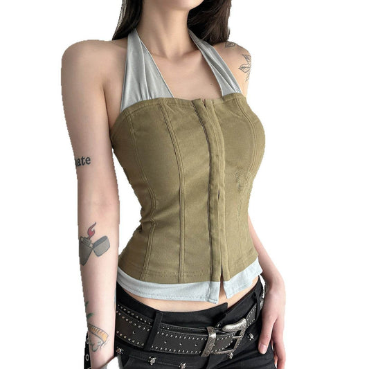 Fake two-piece sleeveless U-neck halter top for women | MuddyStock Originals MuddyStock