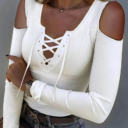 Women's V-neck Cut Shoulder Drawstring Tie Up T-shirt MuddyStock