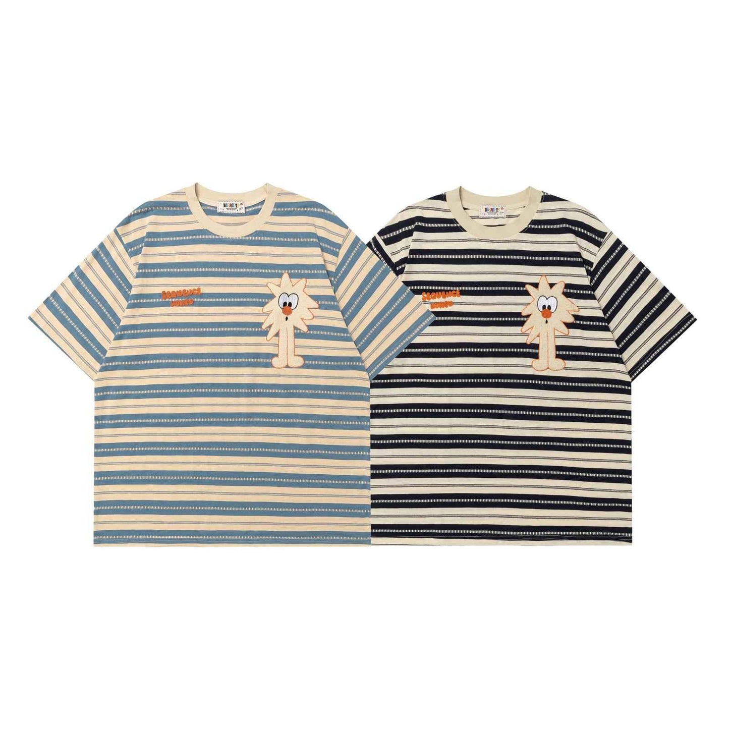 Cartoon embroidered striped short sleeved T-shirt for men | MuddyStock Originals