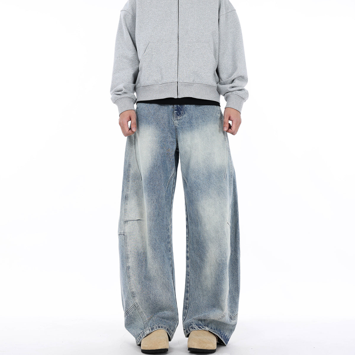 Wrinkle splicing lightning pattern washed white jeans