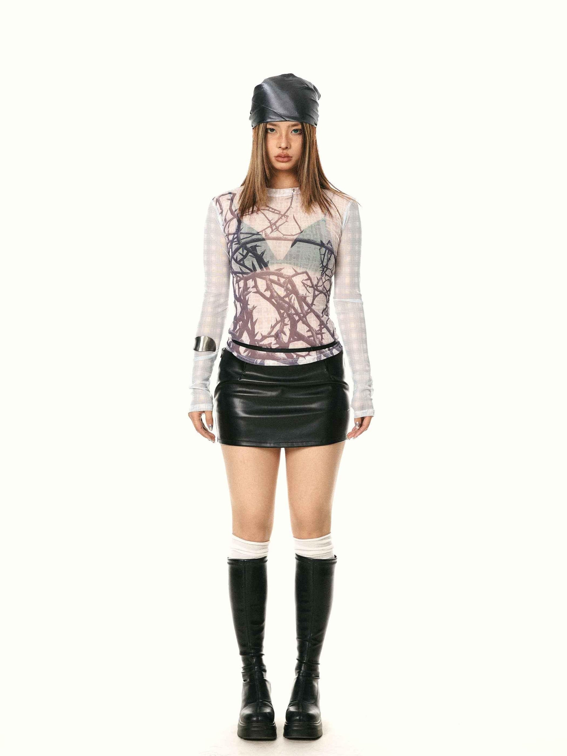 See-through Mesh Slim Fit Long Sleeve Plaid Top For Women null