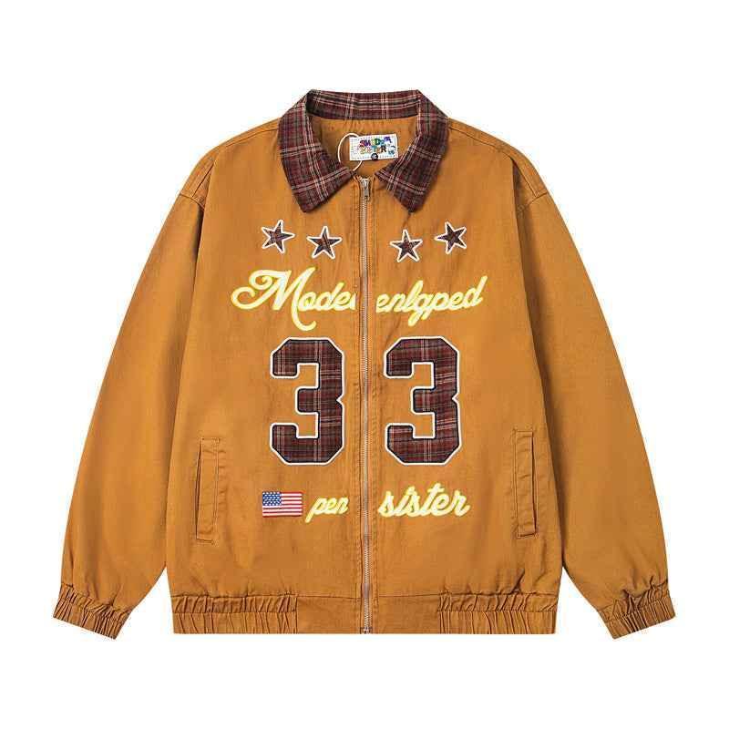 Vintage Star Letter Embroidery Patchwork Turn-down Collar Jacket for Women | MuddyStock Originals Brown