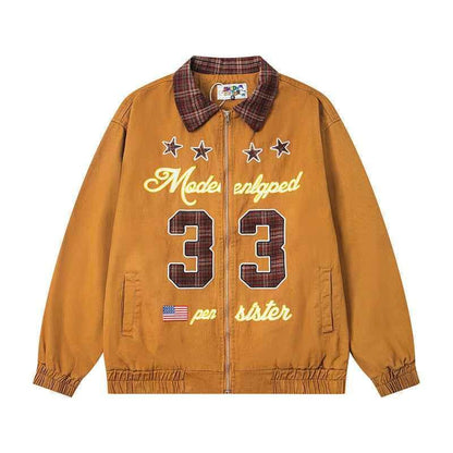 Vintage Star Letter Embroidery Patchwork Turn-down Collar Jacket for Women | MuddyStock Originals Brown