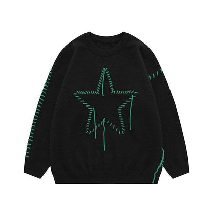 Autumn New Star Design Knitted Women's Round Neck Sweater Black MuddyStock