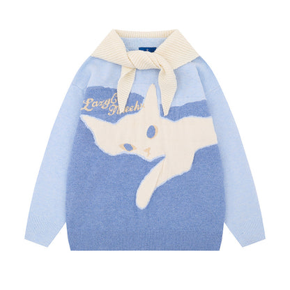 Cute Cat Shawl Knit Sweater For Women | MuddyStock Originals Blue eprolo