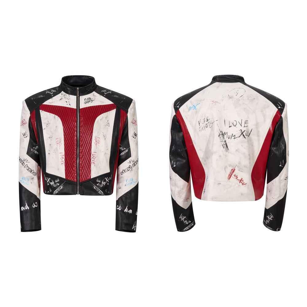 Short Stand-up Collar Graffiti Leather Jacket For Men null