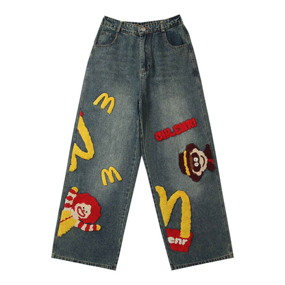 Retro Washed Denim Trousers with Cartoon Embroidery For Men And Women | MuddyStock Originals