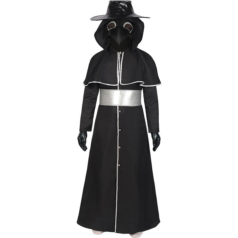 Medieval Steampunk Crow Dark Style Costume with Long Beak Mask For Halloween Black