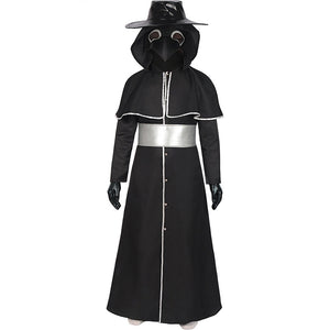 Medieval Steampunk Crow Dark Style Costume with Long Beak Mask For Halloween Black
