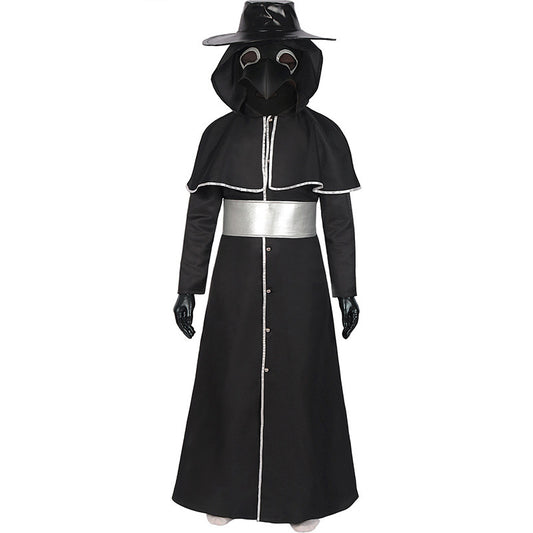 Medieval Steampunk Crow Dark Style Costume with Long Beak Mask For Halloween Black